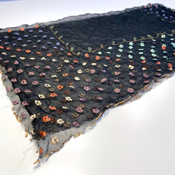 Vintage Handpainted Victorian Scarf - Sheer Floral Paisely and Gold Trim Paint - Picture 8 of 11